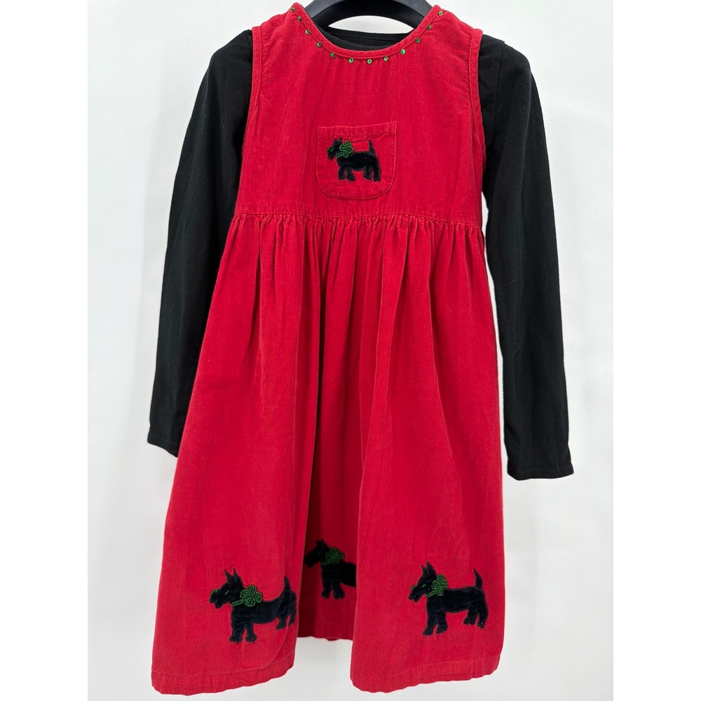Vtg Y2K April Cornell Girls 5/6 Red Corduroy Scottie Dog Jumper Dress + Shirt